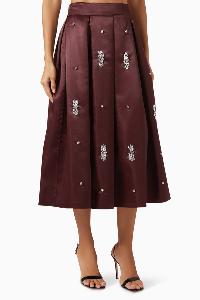 

Embellished Pleated Maxi Skirt, Red