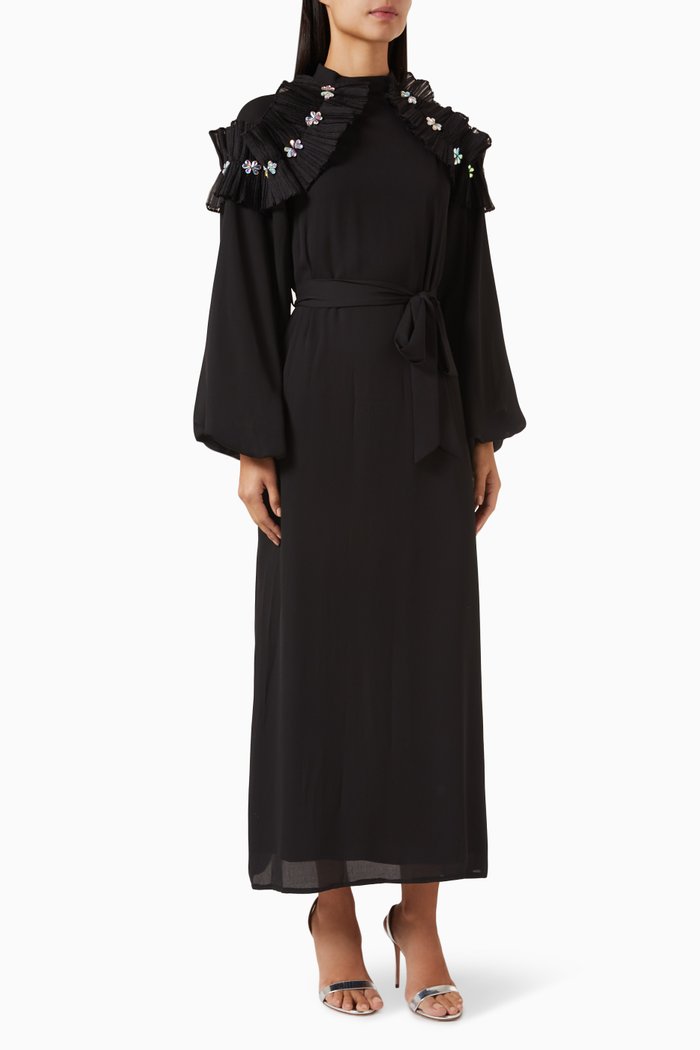Belted Maxi Dress in Polyester, Black
