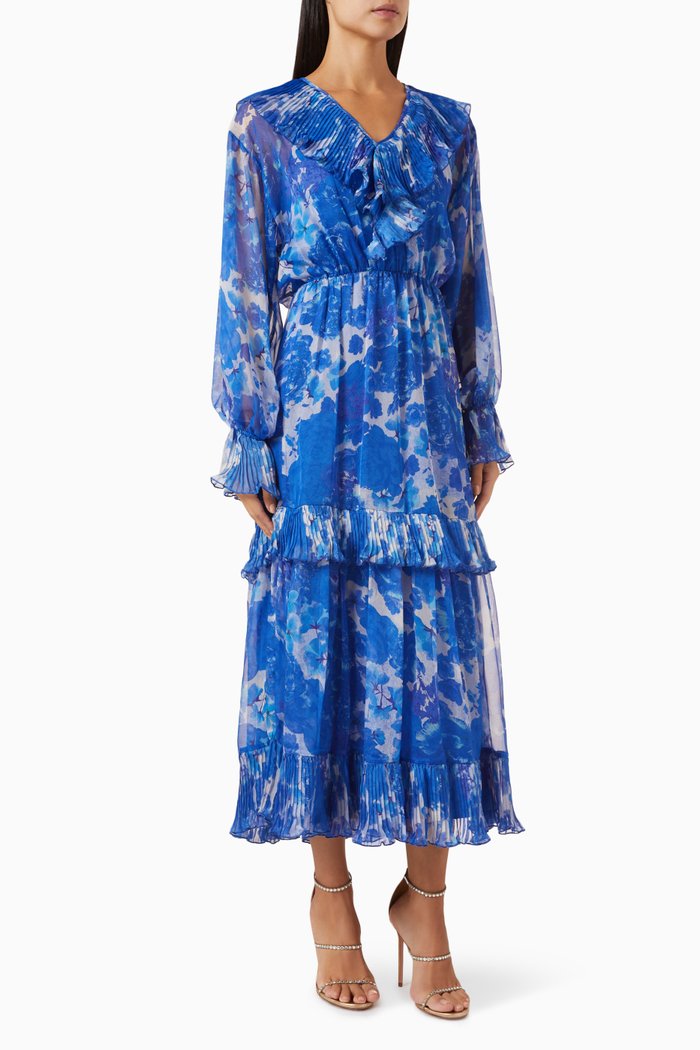 

Frill-trim Tiered Midi Dress, Blue