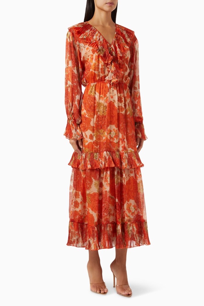 

Frill-trim Tiered Midi Dress, Orange