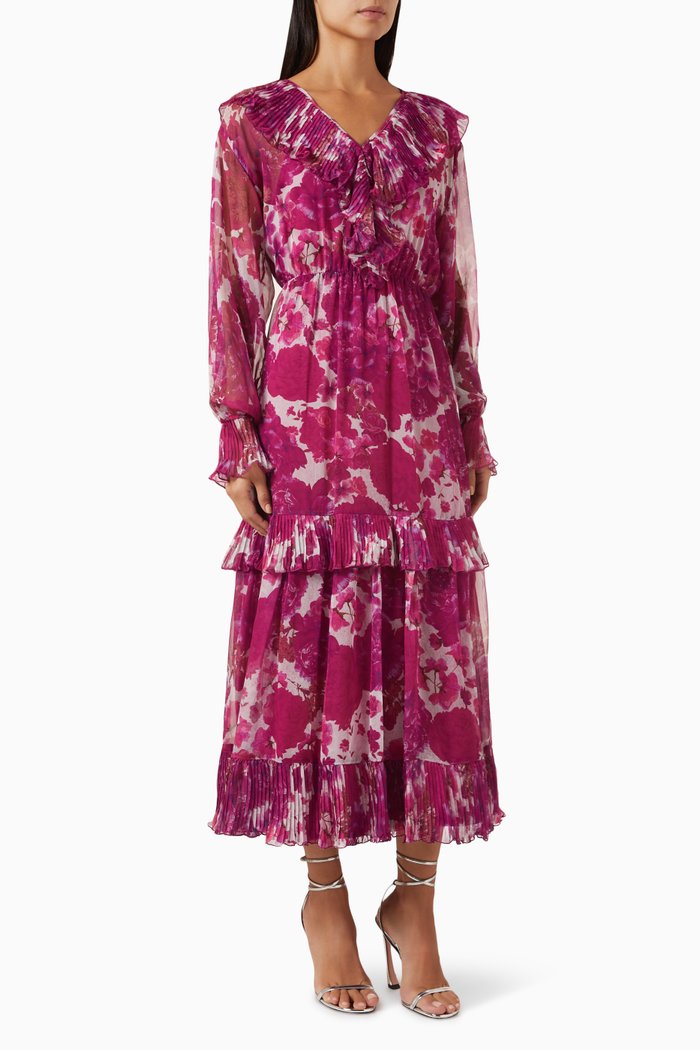

Frill-trim Tiered Midi Dress, Purple