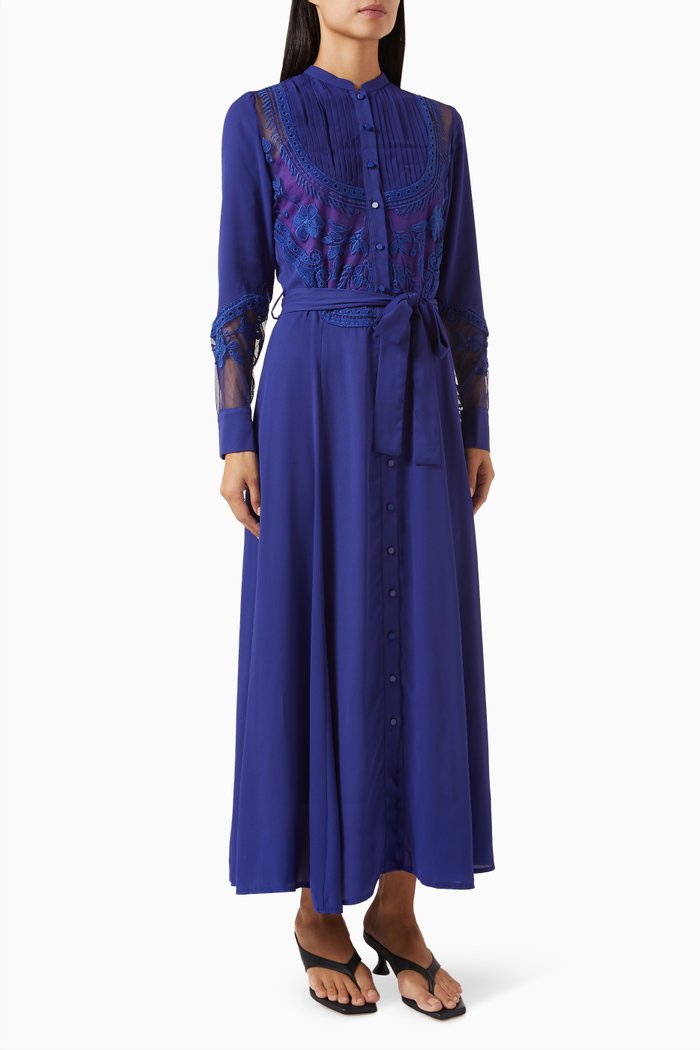 Lace-trim Belted Maxi Dress, Blue
