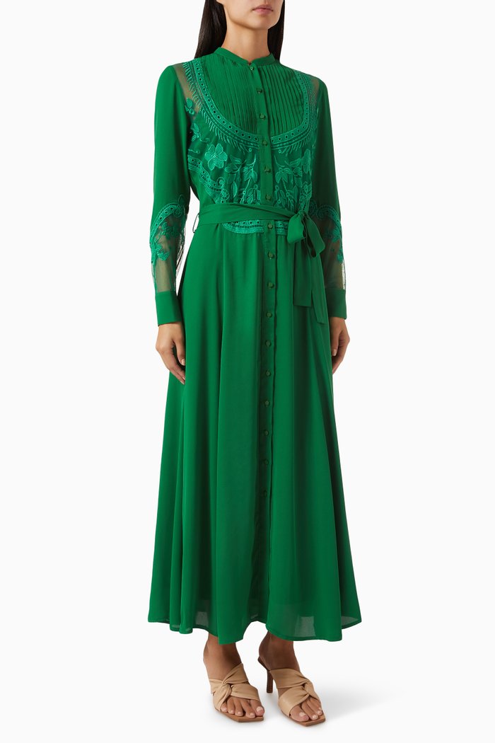 

Lace-trim Belted Maxi Dress, Green