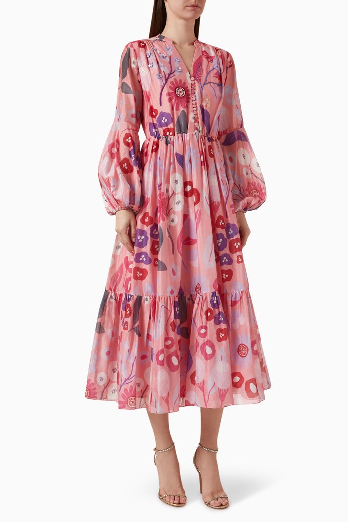 

Hibiscus-A Printed Dress in Cotton-silk, Orange