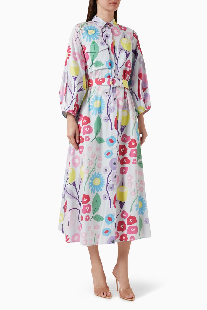 

Hibiscus-C Printed Shirt Dress in Cotton-satin, Blue