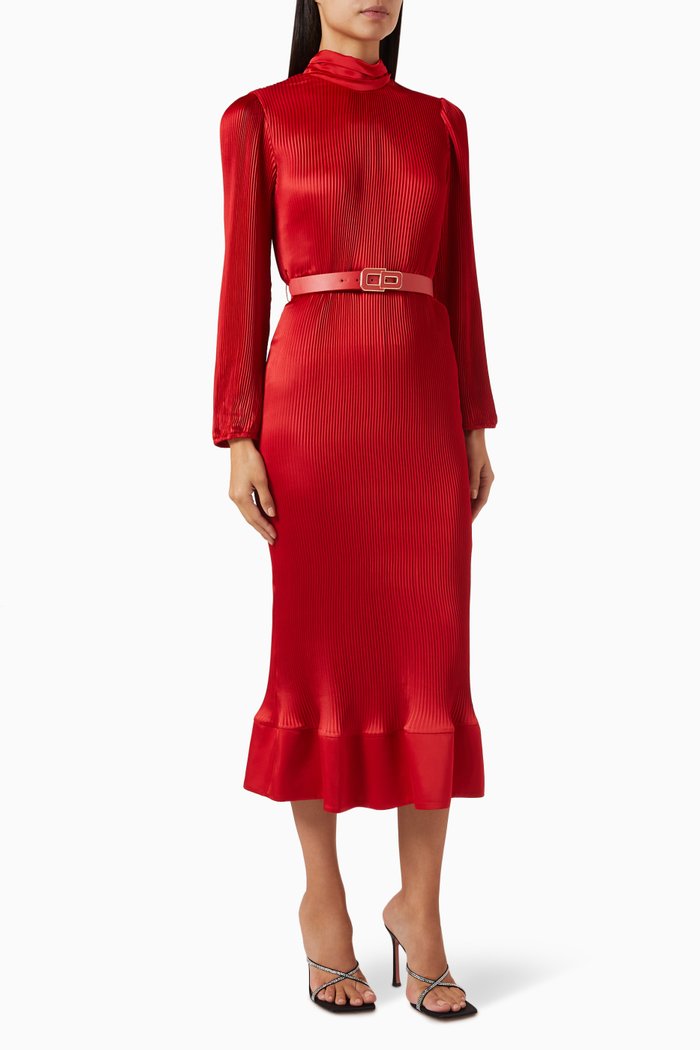 

Plissé Peplum-hem Dress, Red