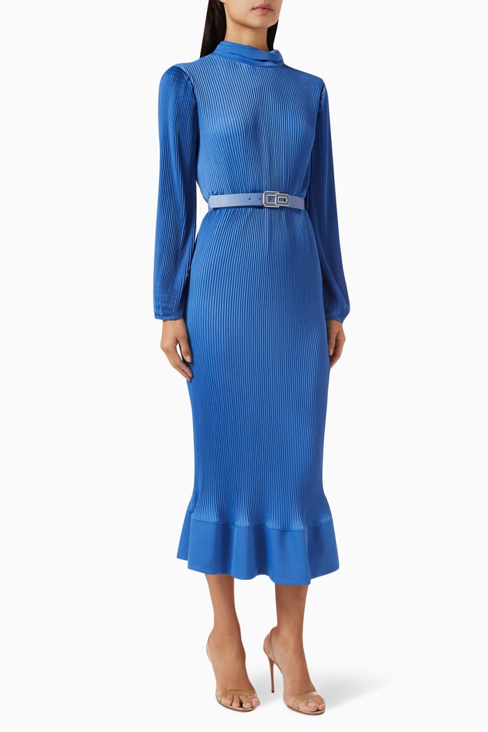 

Plissé Peplum-hem Midi Dress, Blue