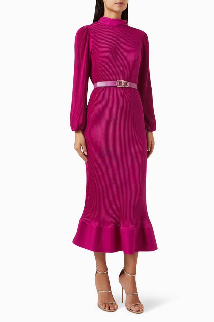 

Plissé Peplum-hem Midi Dress, Pink