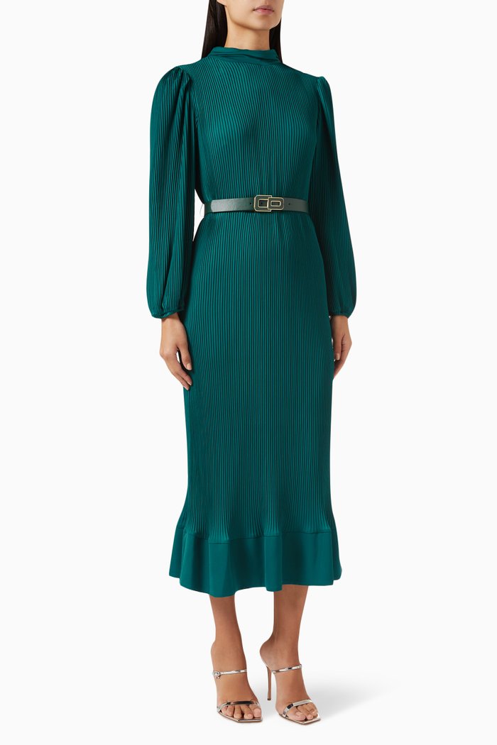 

Plissé Peplum-hem Midi Dress, Green