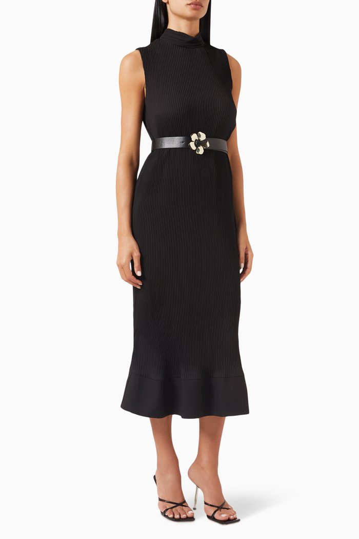 

Belted Pleat Midi Dress, Black