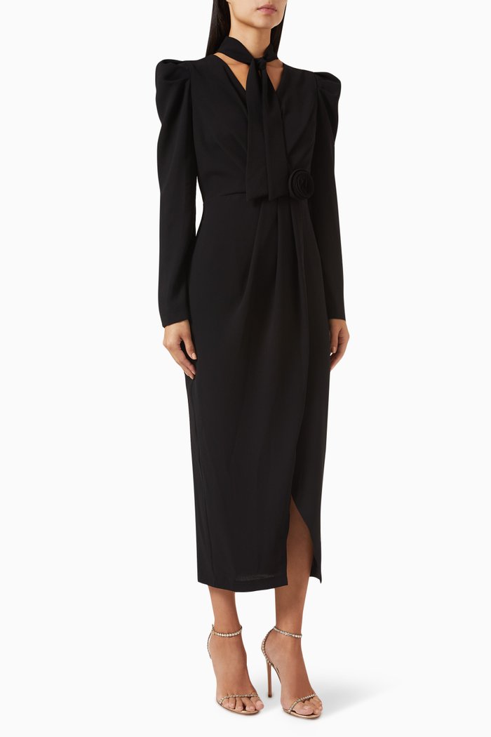 

3D Floral Appliqué Midi Dress, Black