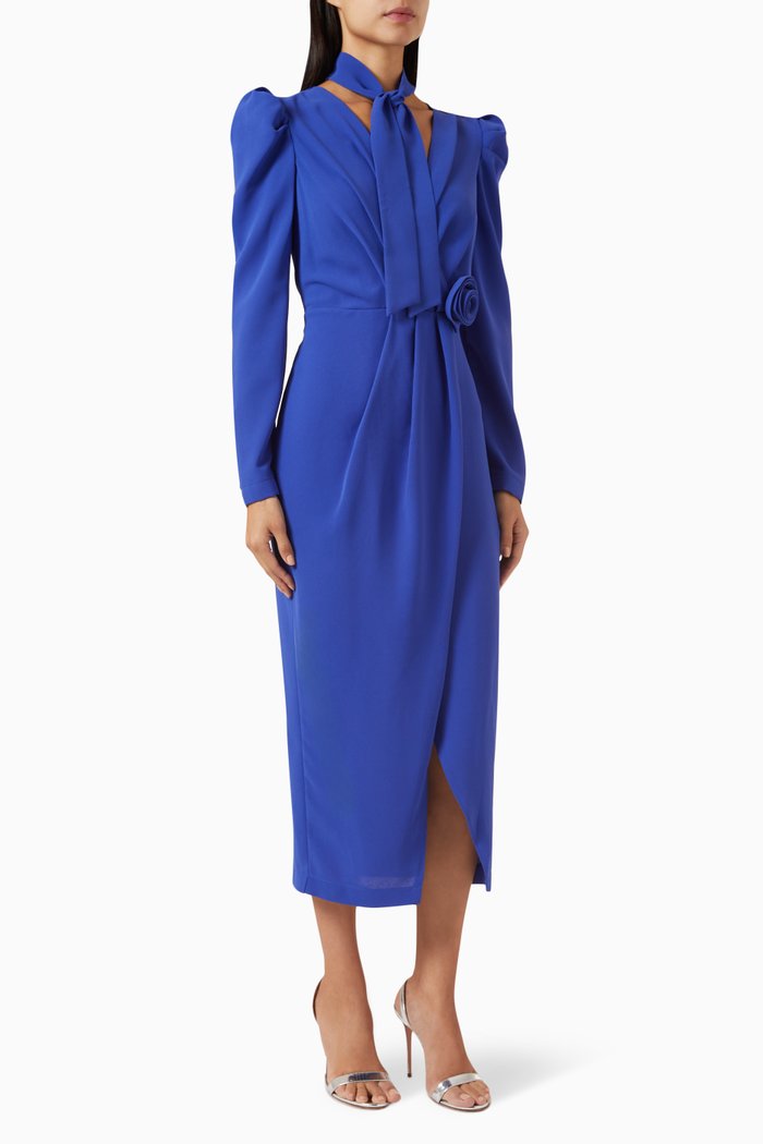 

3D Floral Appliqué Midi Dress, Blue