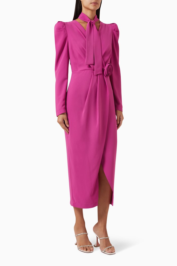 

3D Floral Appliqué Midi Dress, Pink