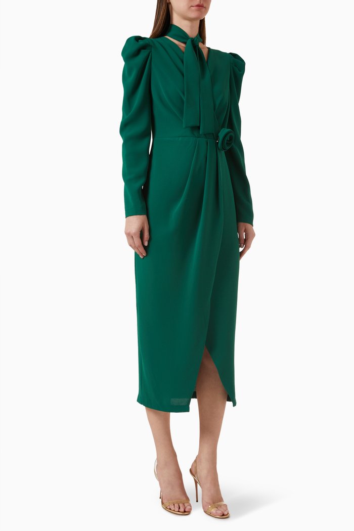 

3D Floral Appliqué Midi Dress, Green