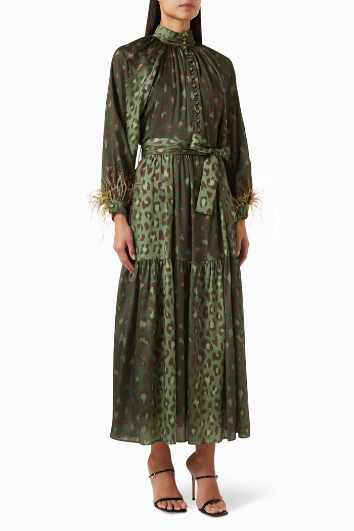 

Feather-trim Maxi Dress, Green