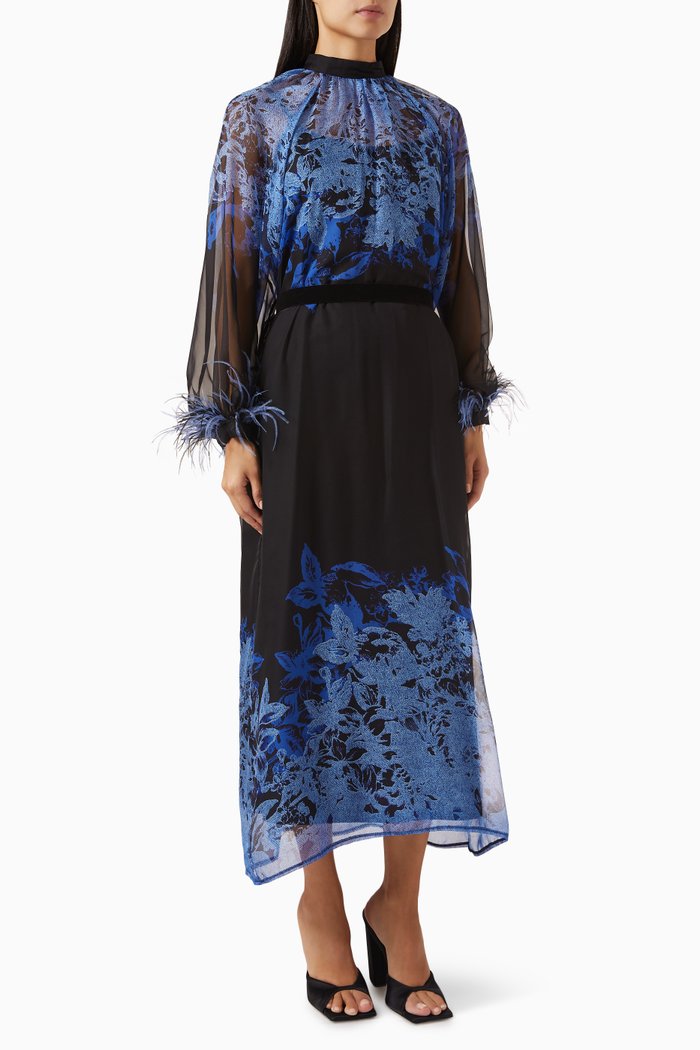 Feather-trim Midi Dress, Blue