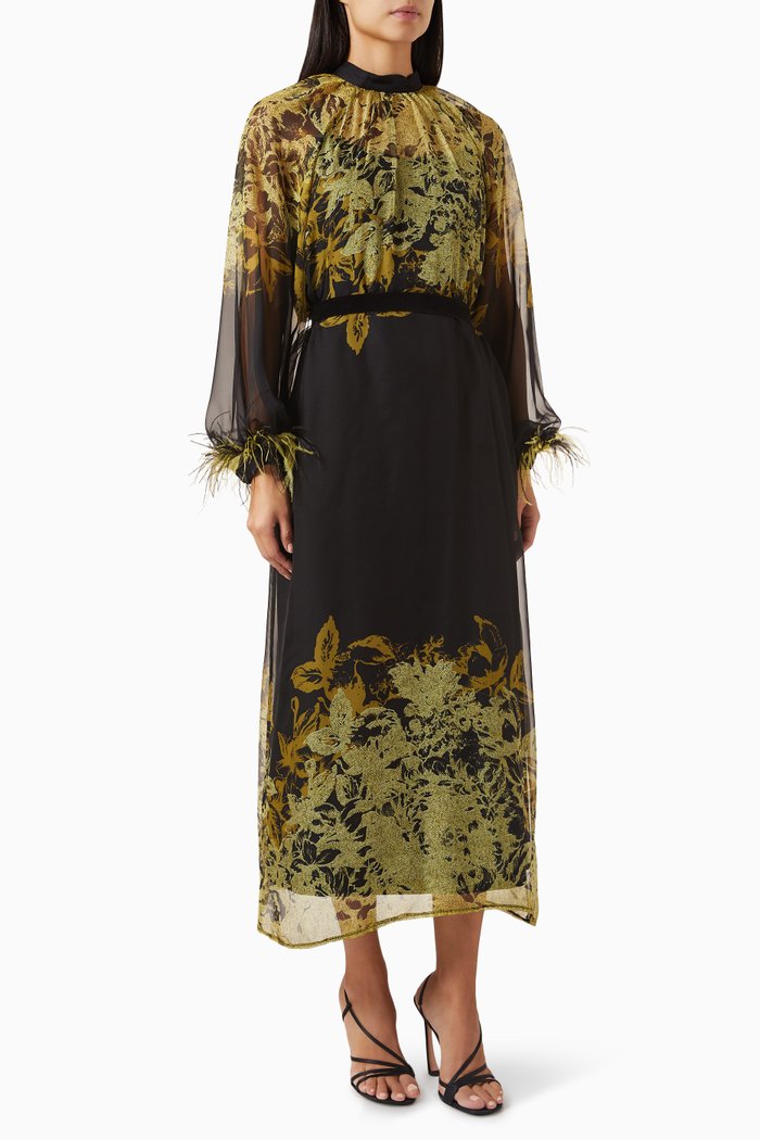 

Feather-trim Midi Dress, Yellow