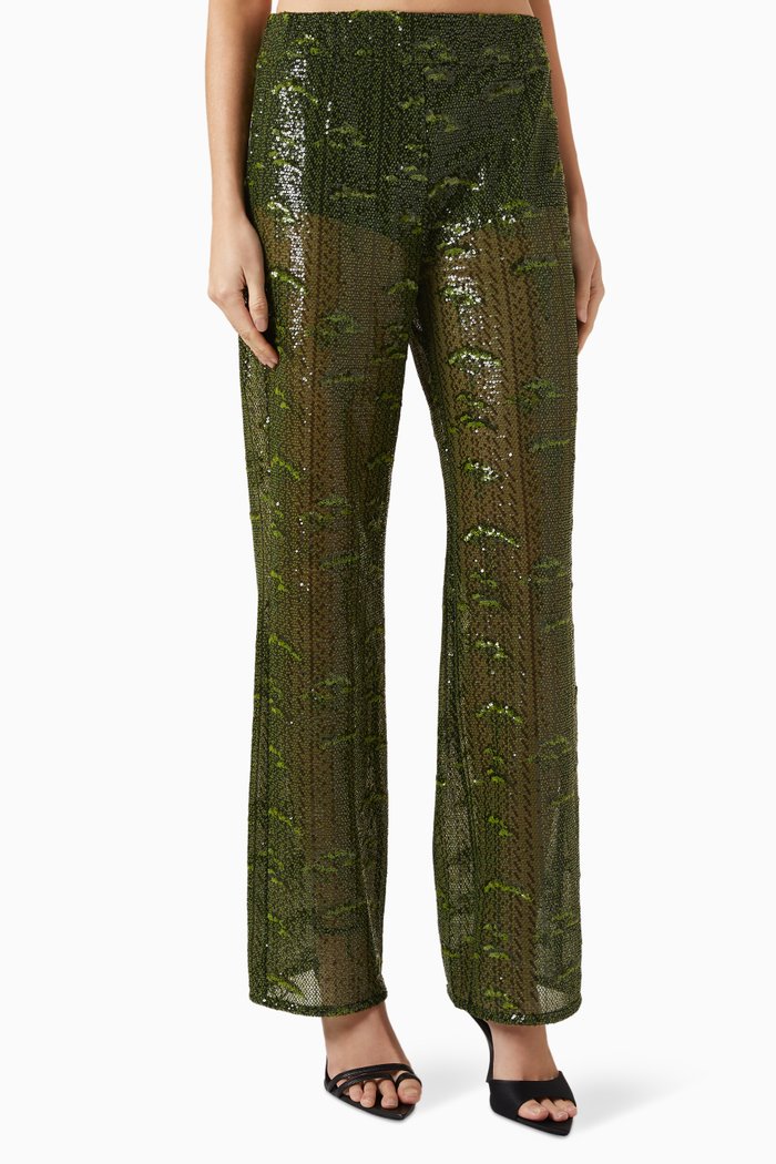 Nedi Sequin-embellished Wide-leg Pants, Green