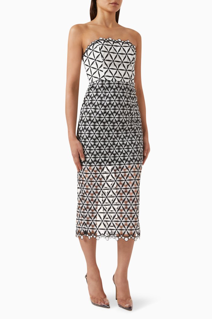 

Geo Star Strapless Midi Dress in Lace, Black