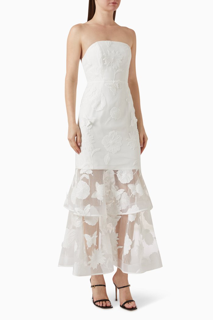 

3D Butterfly Embroidered Strapless Dress, White