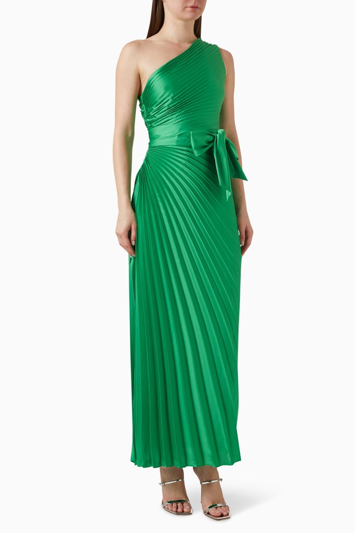 

Estelle Pleated Dress in Satin, Green