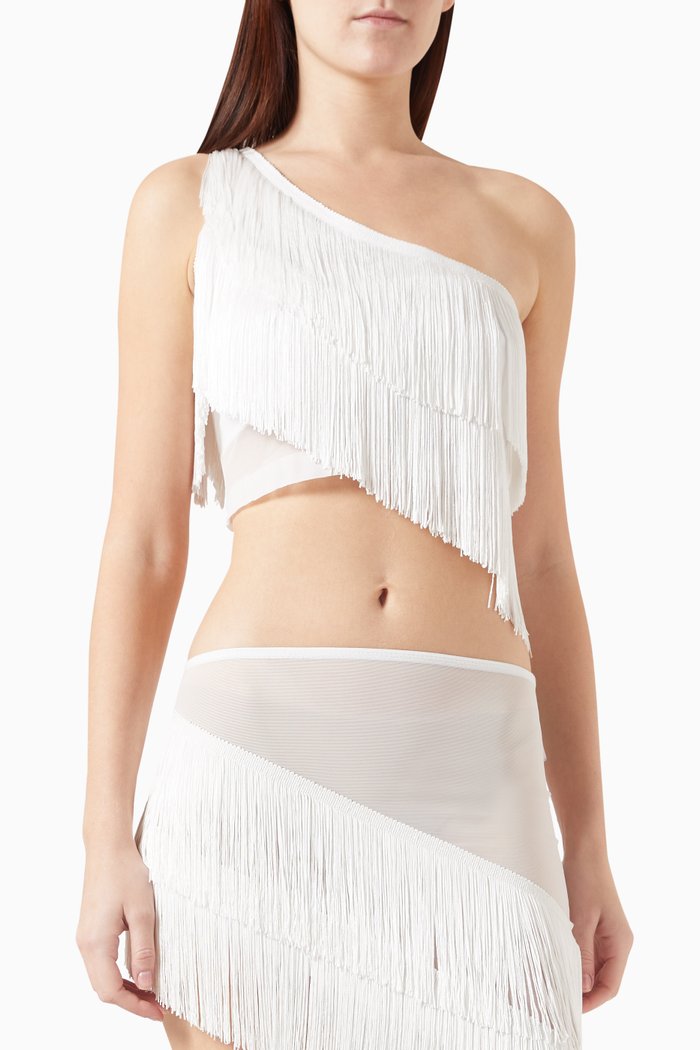 

Spliced One-shoulder Fringe Top, White