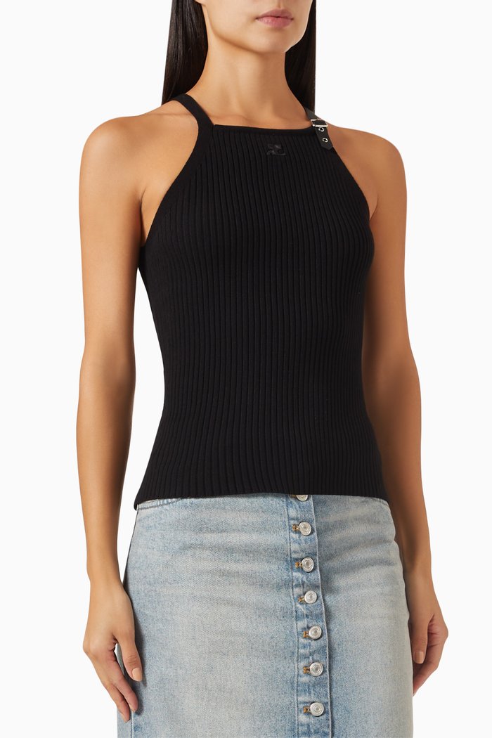 Buckle Ribbed Tank Top in Viscose-blend, Black