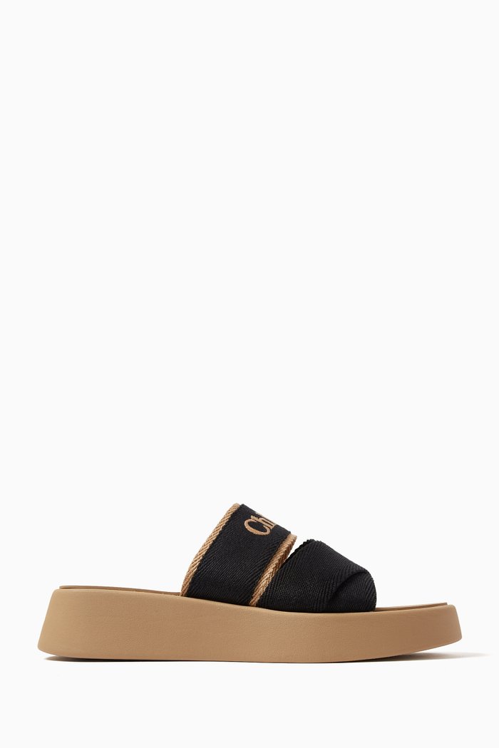 

Mila Slides in Embroidered Linen, Black