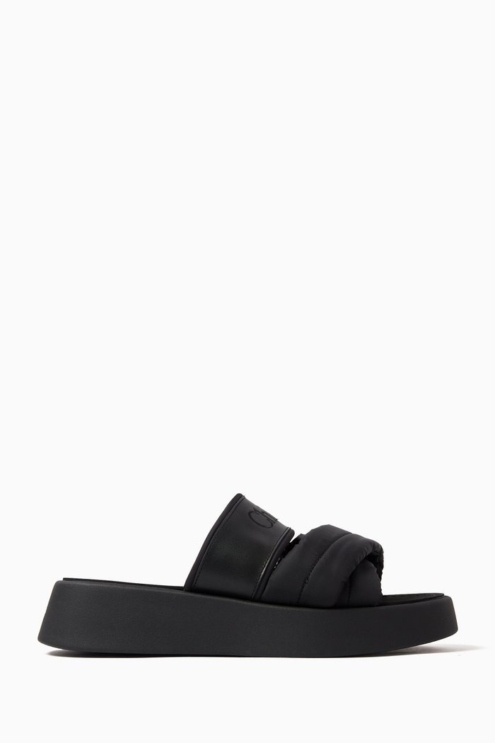 

Mila Flat Slides in Leather & Nylon, Black