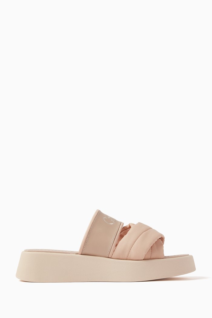 

Mila Flat Slides in Leather & Nylon, Pink