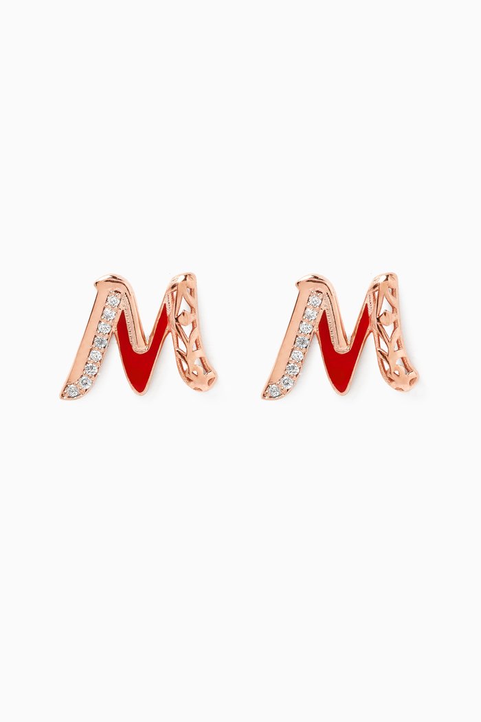 Retro Diamond & Enamel Letter 'M' Earrings in 18kt Rose Gold