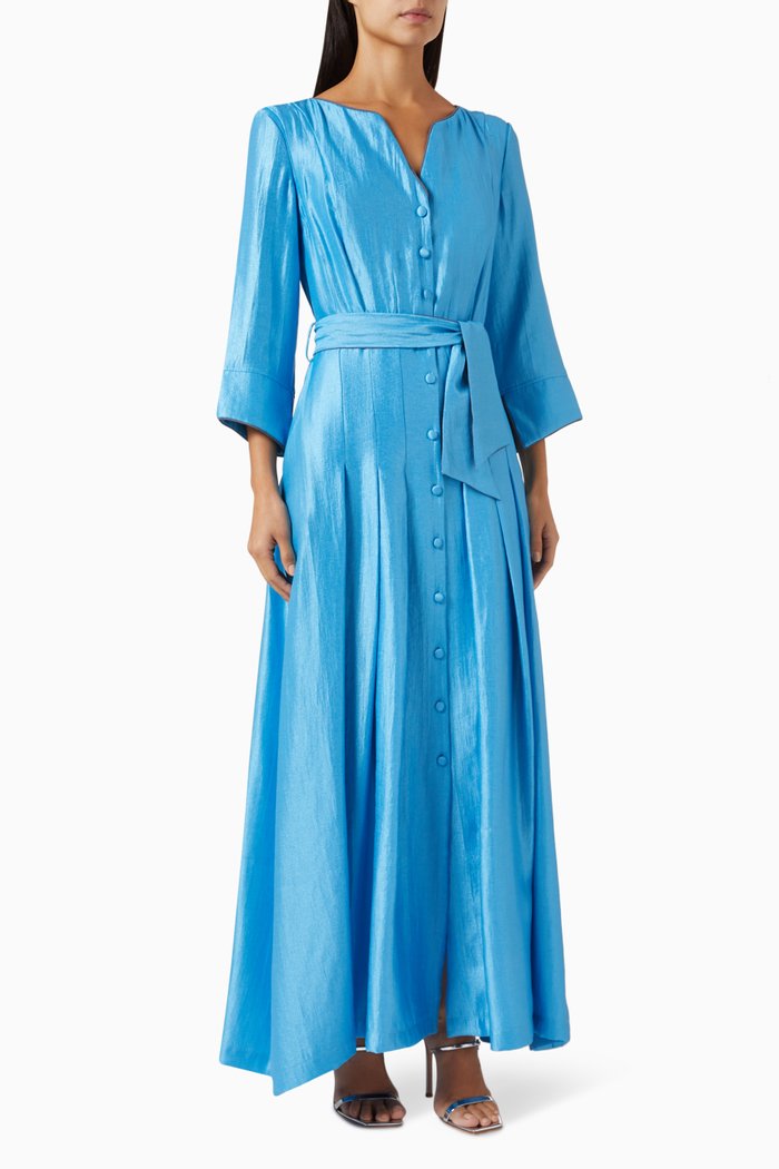 

Cosmos Belted Maxi Dress in Rayon, Blue