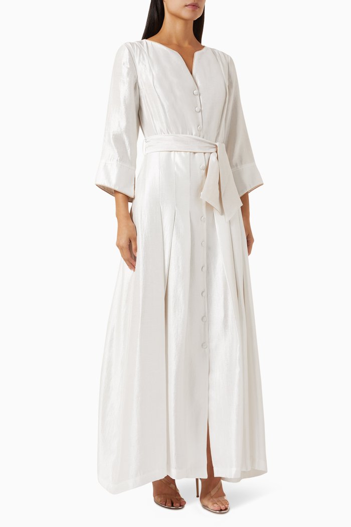

Cosmos Belted Maxi Dress in Rayon, White