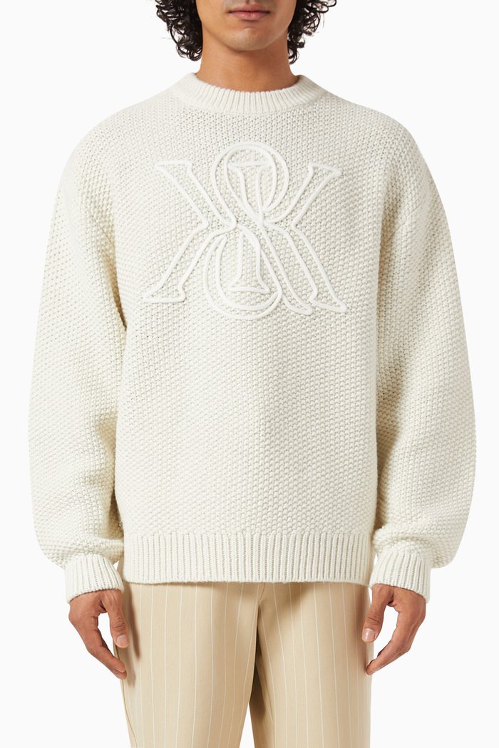 Ryan Crest Sweater in Wool Blend Knit, Grey