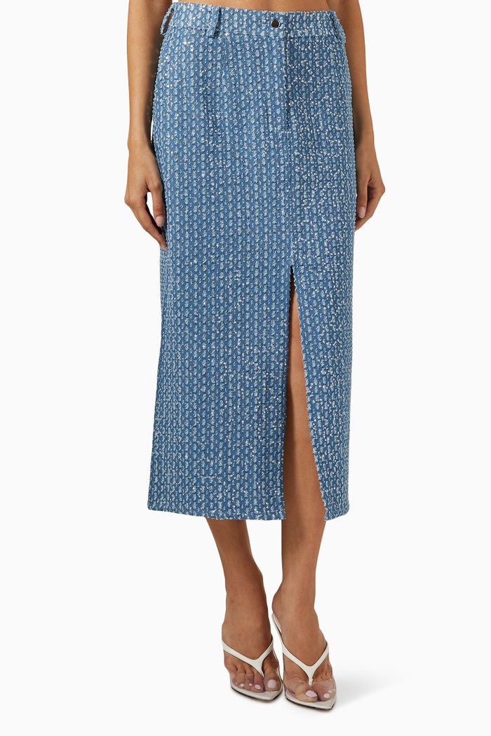 

Yasleodis Embellished Midi Skirt in Denim, Blue