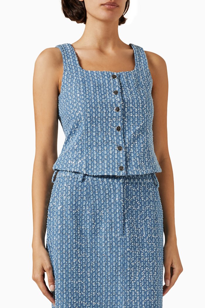 

Yasleodis Embellished Top in Denim, Blue