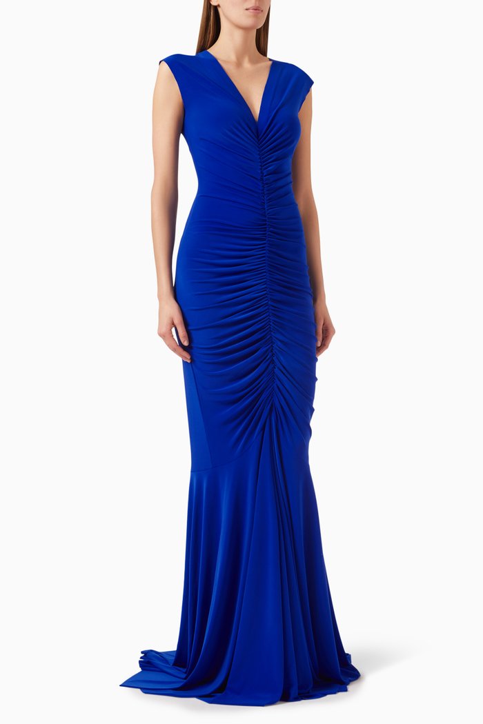 Shirred Fishtail Gown in Lycra, Blue