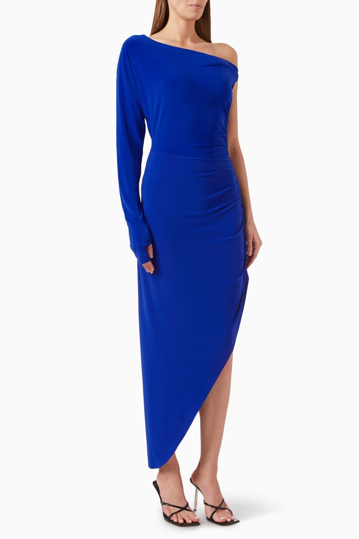 One Sleeve Drop Shoulder Gown in Lycra, Blue