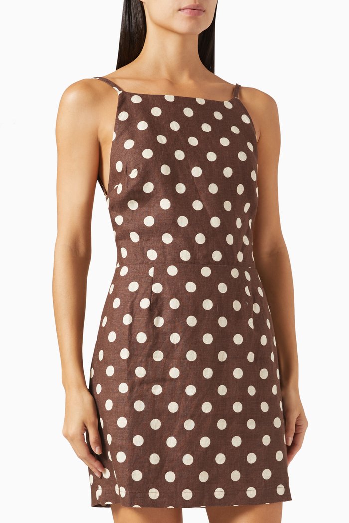 Lori Polka-dot Mini Dress in Linen, Brown