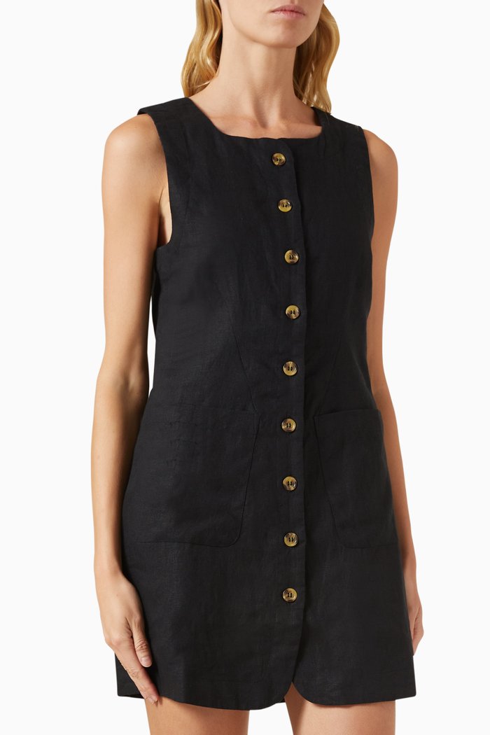 Emma Button-Down Mini Dress in Linen, Black