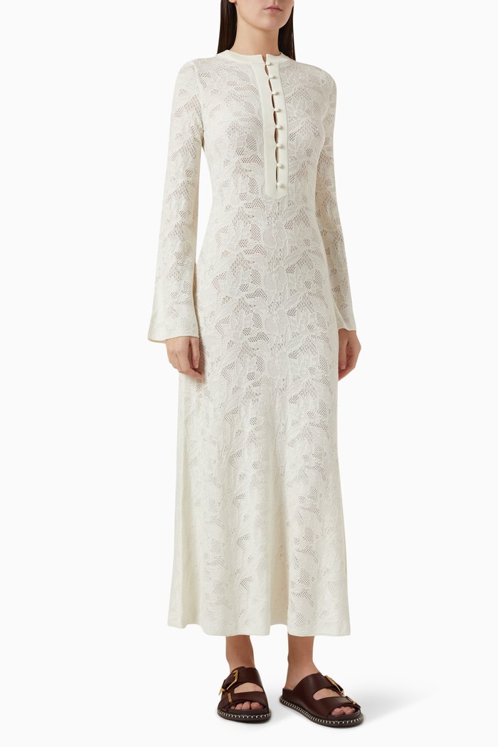 

Floral-knit Midi Dress in Wool-silk, White