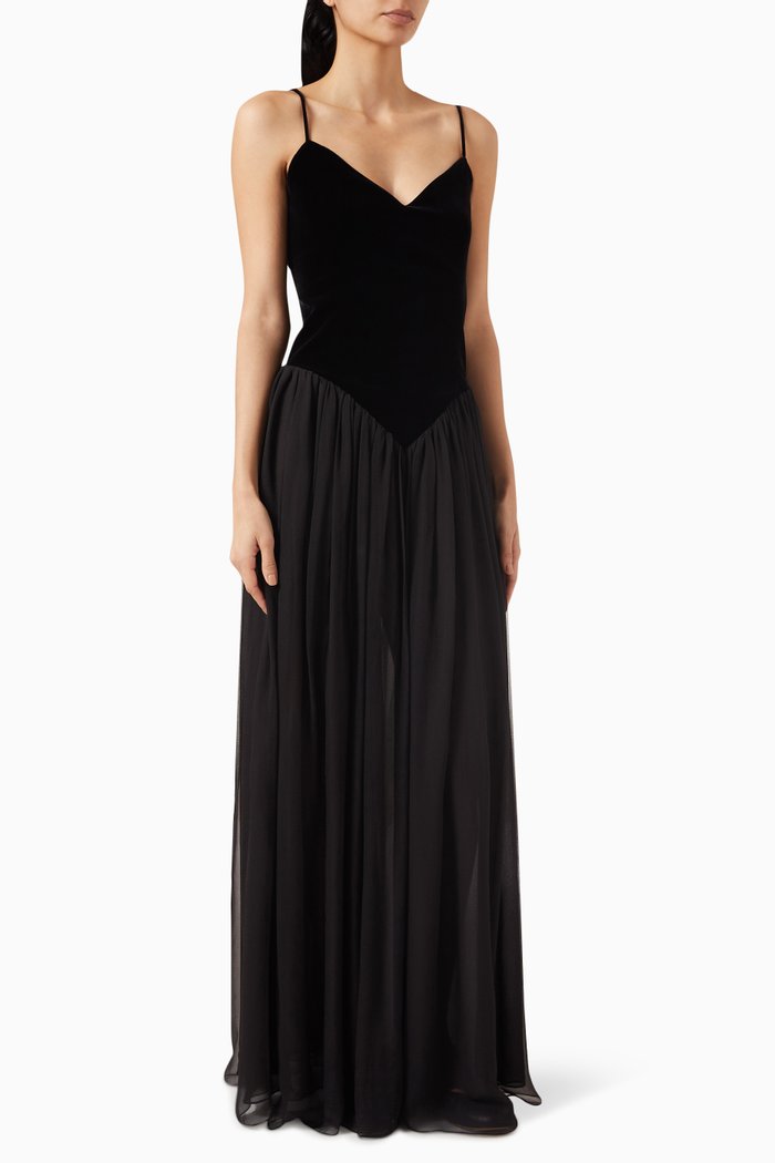 

Bi-material Evening Dress in Viscose & Silk Velvet, Black