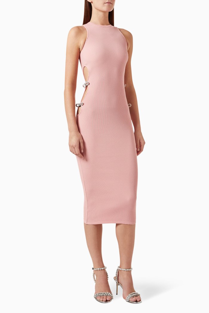 

Cut-out Crystal Bow Midi Dress in Stretch Knit, Pink