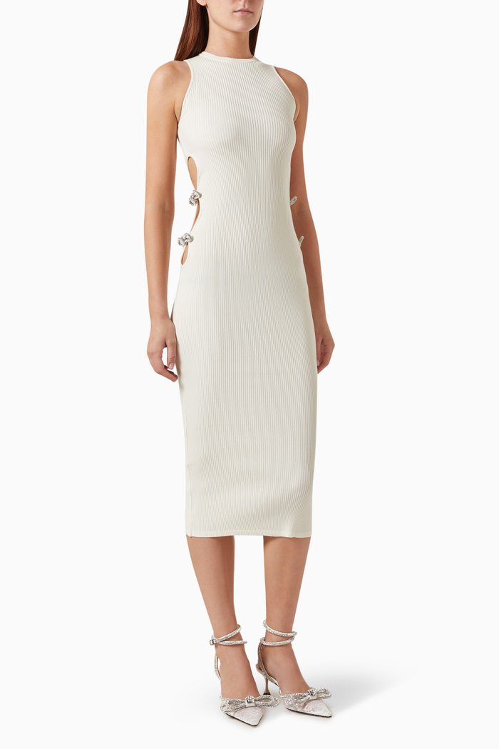 

Cut-out Crystal Bow Midi Dress in Stretch Knit, White