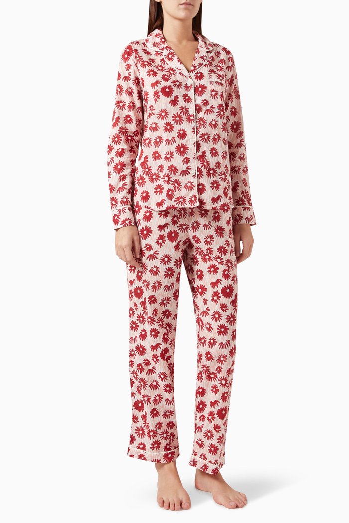Chamomille Long Pyjama Set in Linen, Red