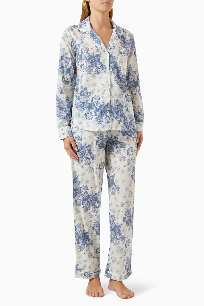 

Flowers of Time Long Pyjama Set in Organic-cotton, Blue