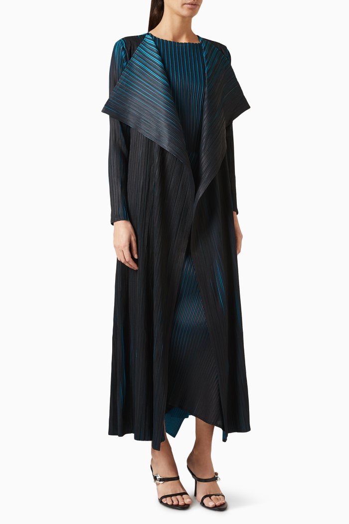 Flared Open Abaya in Plissé, Blue
