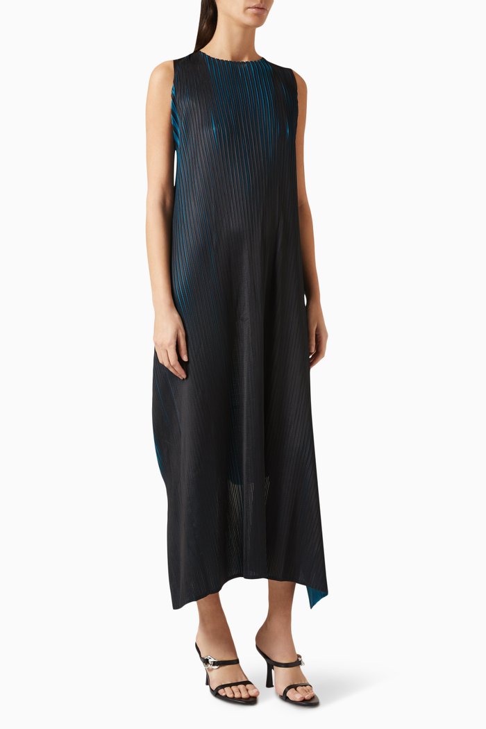

Flared Sleeveless Dress in Plissé, Blue