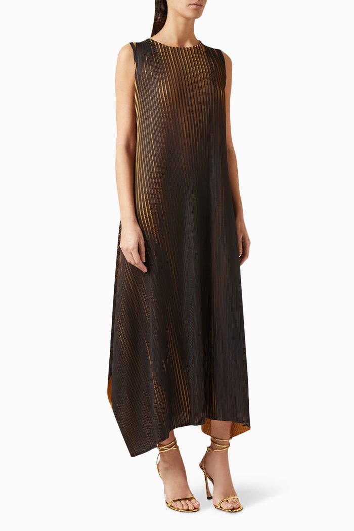 

Flared Sleeveless Dress in Plissé, Yellow