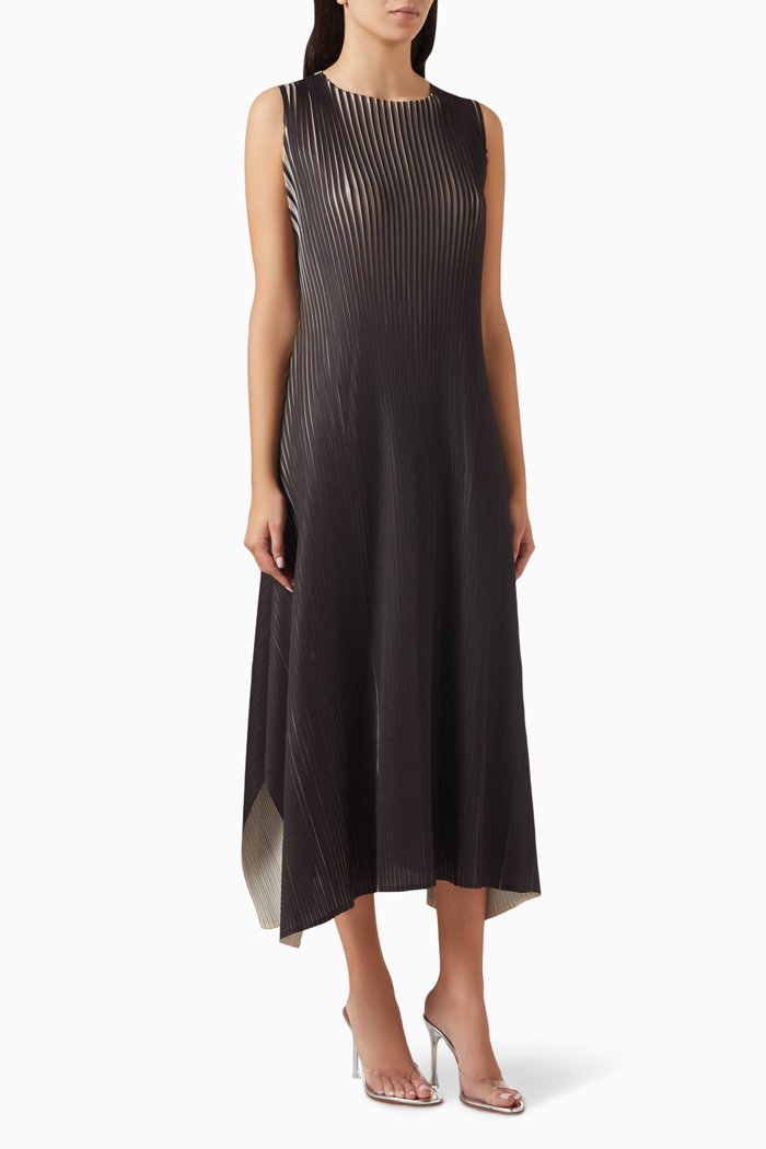 

Flared Sleeveless Dress in Plissé, Grey